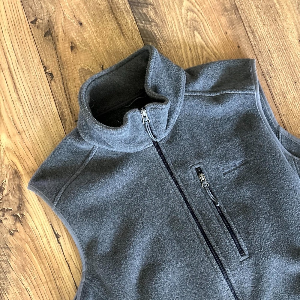 L.L.Bean Fleece Vest Mens L Grey Sleeveless Mock Neck Chest Pocket Full Zip